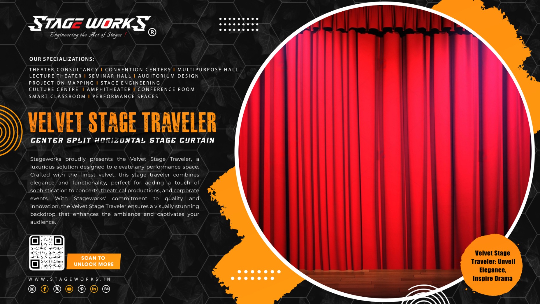 Velvet Stage Traveler - center split horizontal stage curtain